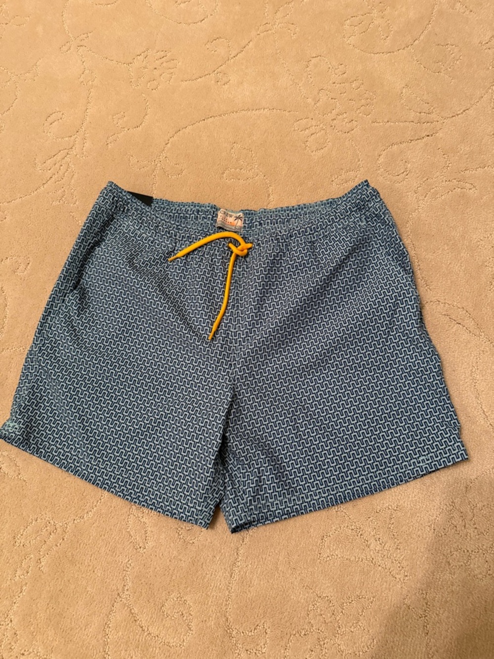 J. Crew Blue Patterned Swim Trunks with Yellow Drawstring